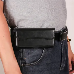 Black leather mobile phone waist pouch for belt, horizontal flip case for large smartphones.