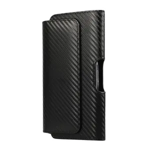 Carbon fiber texture phone holster detail view, universal leather waist pouch closeup view