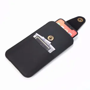 Genuine leather vertical phone pouch with card slots and metal snap closure for daily use.