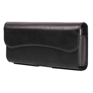 Black horizontal PU leather phone holster, flip waist bag for large smartphones detail view.