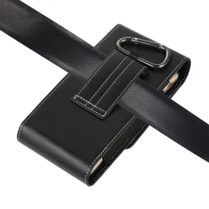 Black vertical leather phone holster with belt loop and carabiner clip for smartphones.
