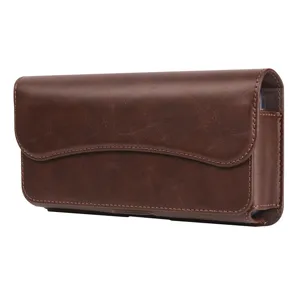 Brown PU leather phone holster detail, horizontal flip cover pouch with fine stitching texture.