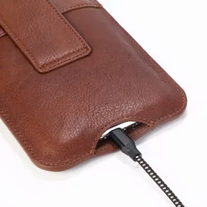 Brown leather phone holster belt pouch universal smartphone case with charging port opening