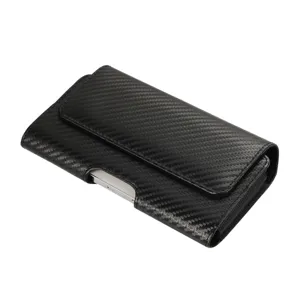 Black carbon fiber texture universal phone holster detail shot, premium waist bag design.