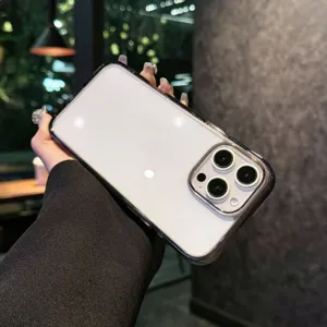 Close-up detail of transparent drop-proof phone case showing metallic buttons and clear back.