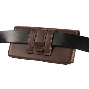 Brown leather horizontal phone pouch detail shot showing belt loop design and neat stitching.