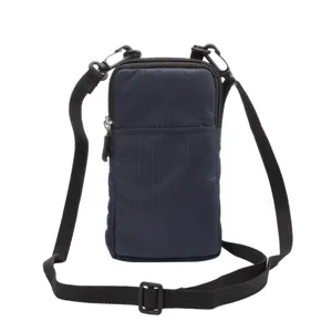 Dark blue nylon phone crossbody bag detail, compact canvas pouch with adjustable strap.