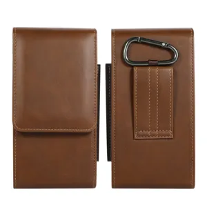 Retro Faux Leather Vertical Flap Phone Holster Belt Loop Waist Pouch With Metal Carabiner Universal Cell Phone Belt Pouch Case