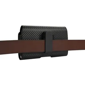 Universal black carbon fiber texture phone holster pouch with belt clip for smartphone protection.