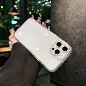 Clear transparent protective phone case detail featuring precision camera cutout and metal buttons.