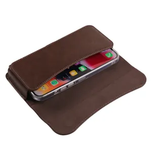 Detail view of the brown leather waist pouch holster for large 7.2 inch smartphones.