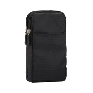 Detail view of black canvas mobile phone waist bag, double zipper universal pouch for daily use.