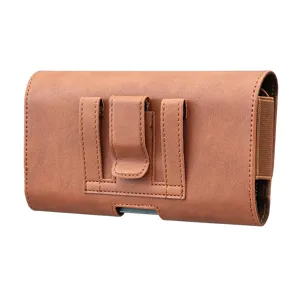 Braune Handy-Holster-Hülle aus Leder im Detail mit Gürtelclip und Schlaufendesign.