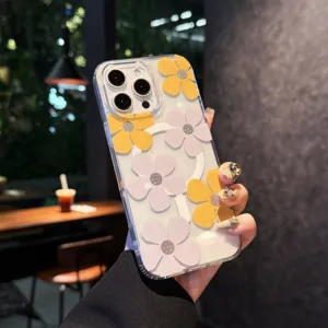Transparant magnetisch hoesje met schattige gele en roze bloemen voor de nieuwe iPhone.