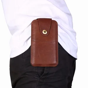 Leather phone holster waist pouch detail view, vintage brown genuine leather case for belt carry.