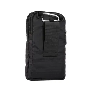 Universal black canvas phone holster waist pouch with carabiner and belt loop for outdoor daily use.