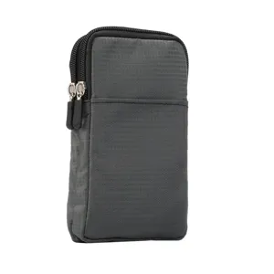 Detailed view of the gray canvas double-zipper phone pouch showing zipper and textured fabric.