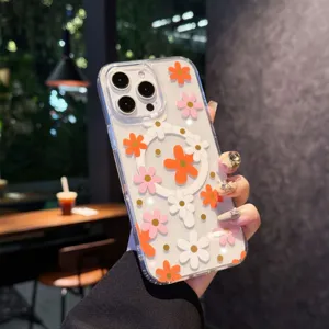 Transparante magnetische beschermhoes met schattige kleurrijke bloemen en valbestendig ontwerp.