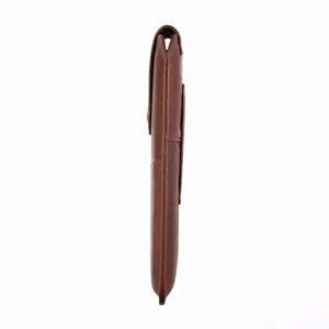 Premium brown genuine leather phone pouch side profile detail for universal smartphone protection