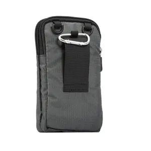 Detail view of grey canvas phone waist pouch back featuring belt loop and metal carabiner.