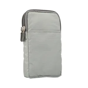 Grey canvas vertical phone waist pouch with dual zippers for outdoor daily use, fits 6.9 inch.