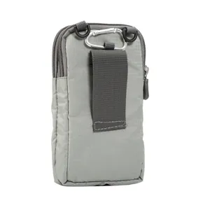 Grey canvas cell phone waist pouch with belt loop and carabiner for 6.9 inch phones.