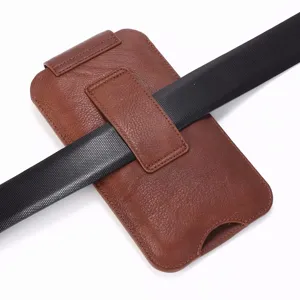 Brown genuine cowhide leather phone holster detail view, universal belt pouch design.
