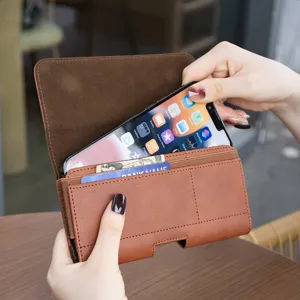 Braunes Leder Handytasche Gürtelholster für Herren mit Kartenfächern und Smartphone Halterung