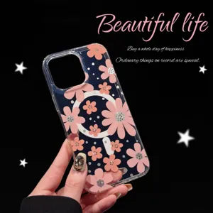 Transparant magnetisch telefoonhoesje met een prachtig roze bloemenpatroon detail en magsafe.