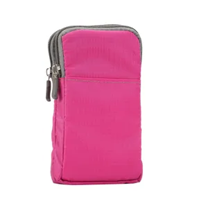 Pink canvas multi-layer zipper phone pouch detail view, casual crossbody waist bag for daily use.