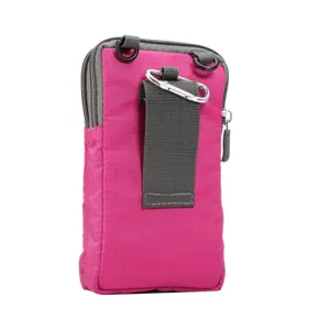 Universal canvas phone waist pouch detail view, durable zipper pocket with belt loop.
