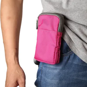 Detail view of pink canvas phone waist pouch, zipper pocket design, ideal for daily outdoor use.