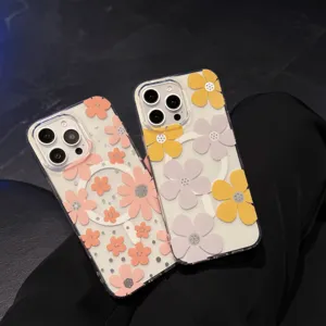 Transparant magnetisch telefoonhoesje met schattige kleurrijke bloemen en valbescherming.