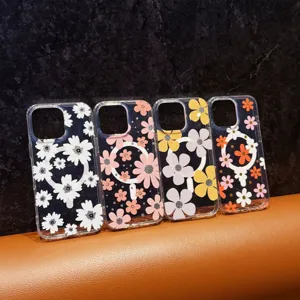Transparant magnetisch telefoonhoesje met klassiek bloemenpatroon, compatibel met iPhone.