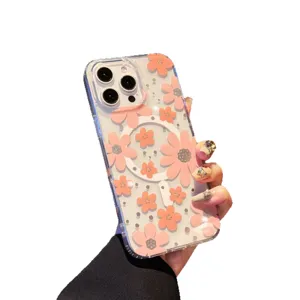 Transparante magnetische telefoonhoes met roze bloemen en strass-steentjes voor iPhone, stijlvolle hoes.