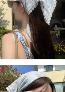 Vintage blue carriage print lace trim triangular headscarf women stylish beach hair scarf