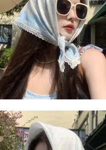 Retro blue carriage lace triangle headscarf, chic seaside hair wrap for women spring new.