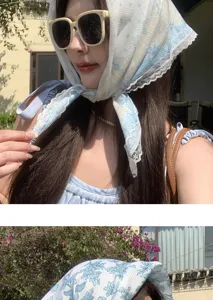 Retro blue carriage lace triangle headscarf for women, elegant seaside hair wrap scarf.