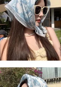 Vintage blue floral lace triangle headscarf for women, elegant seaside hair wrap and kerchief.