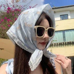 Retro Blue Carriage Lace Trim Triangle Headscarf Women Vintage Floral Bandana Beach Fashion Hair Scarf Head Wrap