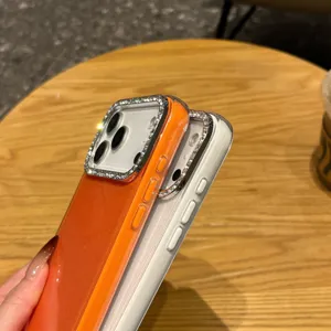 Θήκη iPhone 3 σε 1 μονόχρωμη με γκλίτερ και λαμπερό πλαίσιο κάμερας με στρας.