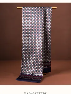 Detailed view of luxury men's silk scarf with exquisite geometric pattern and smooth fabric texture.