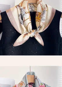 Women silk feel square scarf with elegant chain floral print thin neckerchief summer.