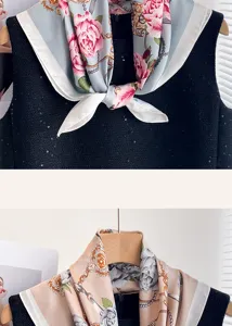 Close-up detail of elegant floral chain print silk scarf, perfect neckwear accessory.