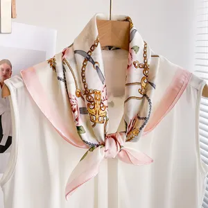 Silk square scarf women spring summer pink camellia chain print neckerchief neck scarf