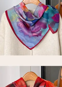 Artistic floral print square scarf lightweight summer neckerchief vintage oil painting shawl