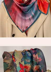 Art floral butterfly print square scarf, elegant neckerchief and lightweight summer shawl.
