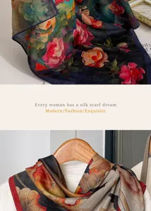 Vintage floral print scarf for women, elegant cotton linen shawl and soft neckerchief accessory.