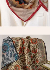 Detail view of vintage floral print scarf, elegant pastoral square kerchief for summer style.