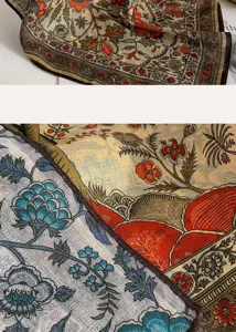 Vintage floral print cotton linen square scarf women pastoral style summer thin neck scarf